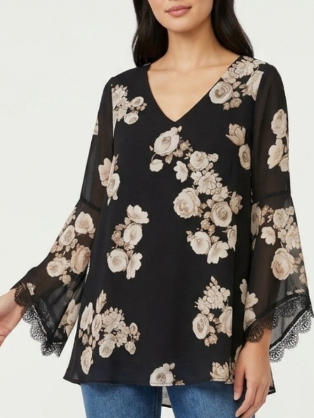 Astr The Label Tunic/Mini Dress - Cream Rose Print On Black